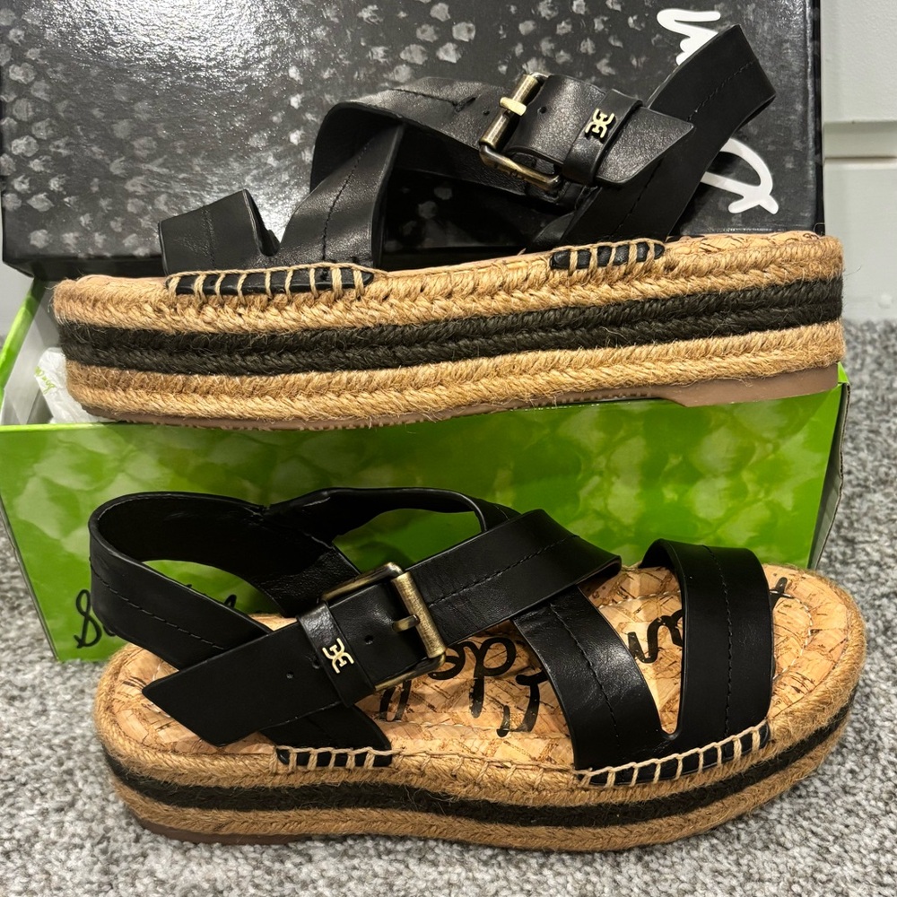 NIB SAM EDELMAN Aisling Black Leather Espadrille Platform Sandals Sz6 - Picture 6 of 11